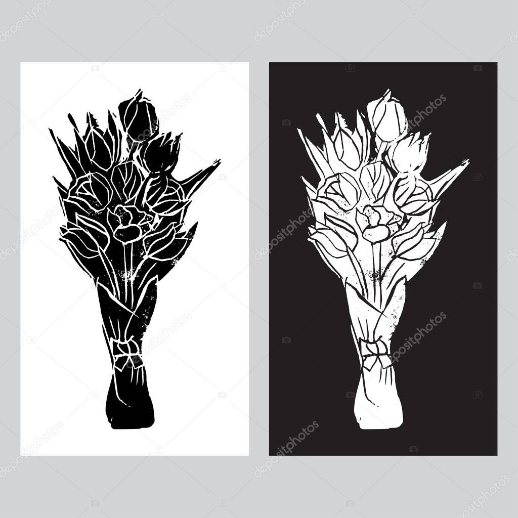 Monochrome templates of  bouquets with black and white tulips  in pop art style. Hand made linocut.