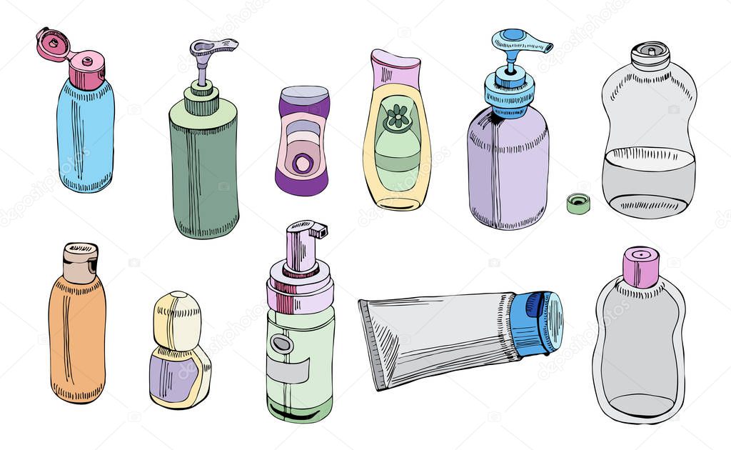 Collection of   hand drawn sketch of cosmetic package. Bottle, tube, flask. Monochrome elements isolated on white background.