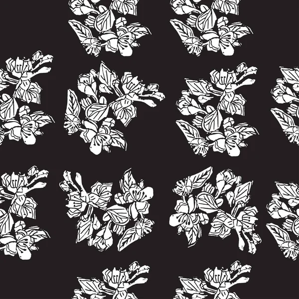Απρόσκοπτη μοτίβο λευκών ανθισμένων κλαδιών από άνθη μηλιάς σε μαύρο φόντο. Χειροποίητο linocut. — Διανυσματικό Αρχείο