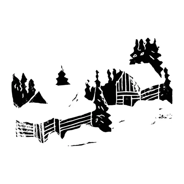 Zwei Schneehäuser im Winterwald. Handgefertigter Linolschnitt. schwarze Komposition auf weißem Hintergrund. — Stockvektor
