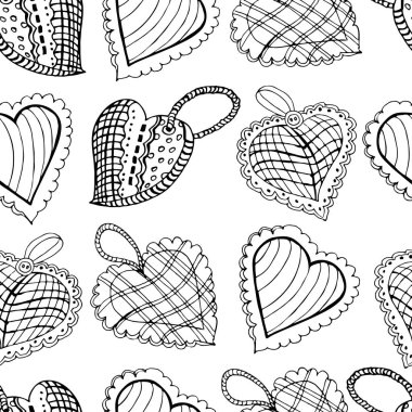 Kusursuz desenli, elle çizilmiş kalp dikme çizimi. Tek renkli nesneler beyaz arkaplanda izole edilmiş. Dekorasyon kartı, afiş ya da etiket sembolleri. El yapımı iş için ya da Sevgililer Günün kutlu olsun.