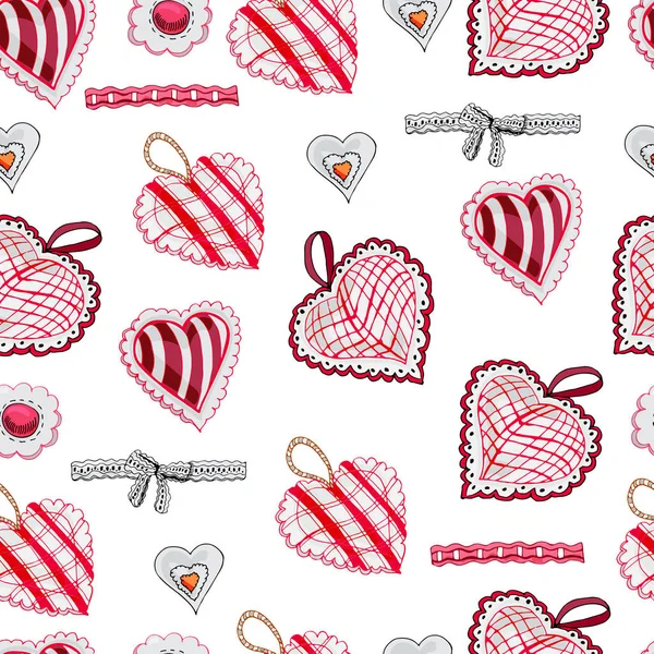 Seamless pattern with  hand drawn sketch of sewing  hearts and decorative tapes. Color objects isolated on white background. Symbols for decorate card, banner or label. — Stock vektor