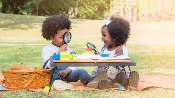 两个可爱的非洲男孩和非洲女孩在公园里玩放大镜 兄弟姐妹 双胞胎或朋友 — 图库照片