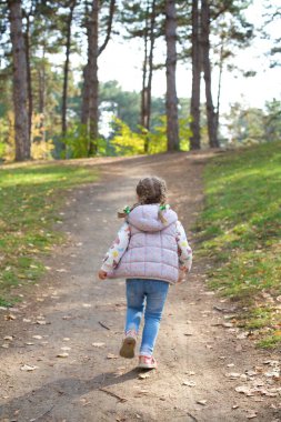 Sonbahar parkında küçük bir kız orman yolunda koşuyor. Hafta sonları temiz havada yürümek içindir. Dikey yönelim.