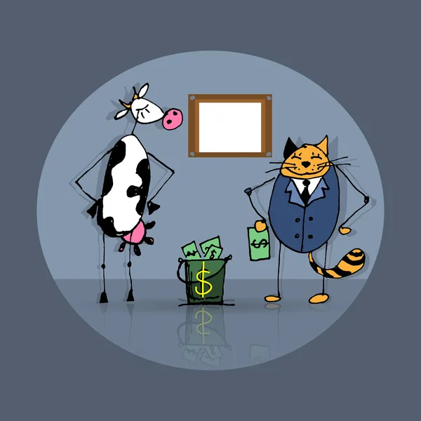 Бизнес-сделка кошки и коровы — стоковый вектор