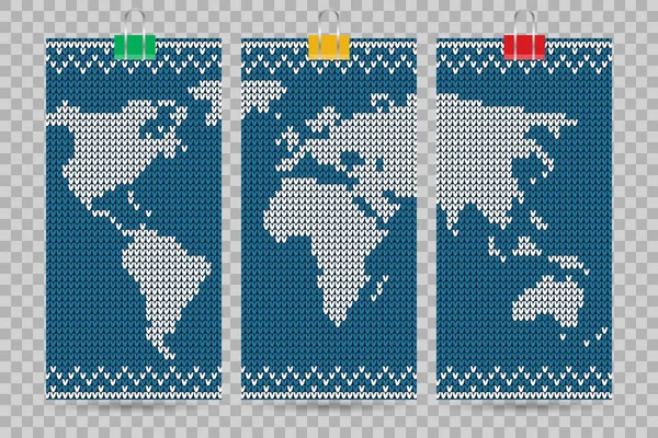 Carte du monde vectorielle jeu de cartes de visite bleu tricot style — Image vectorielle