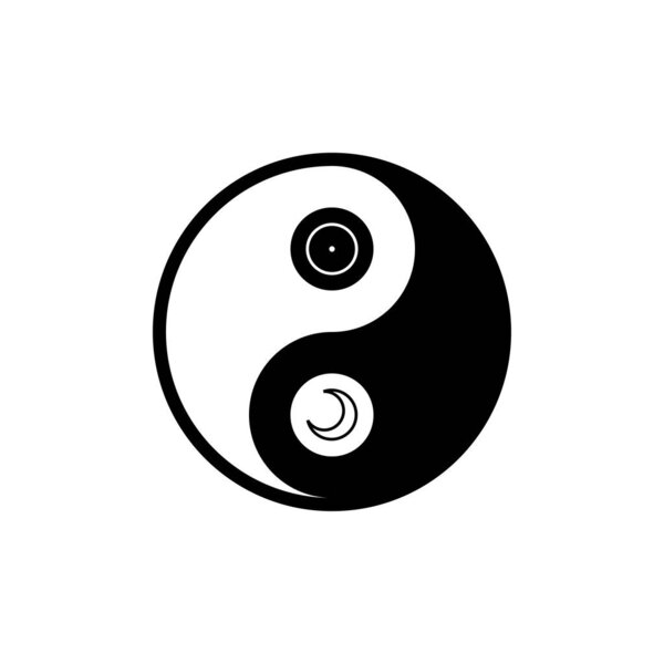 Yin yang with astrological symbols together in circle, vector sacred oriental symbol