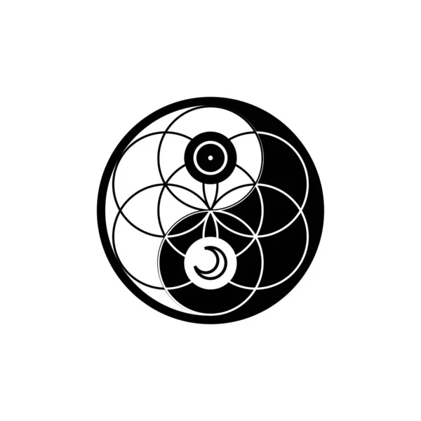 Yin Yang z symbolami astrologicznymi wraz z kwiatem życia w kręgu, wektor święty symbol orientalny — Wektor stockowy