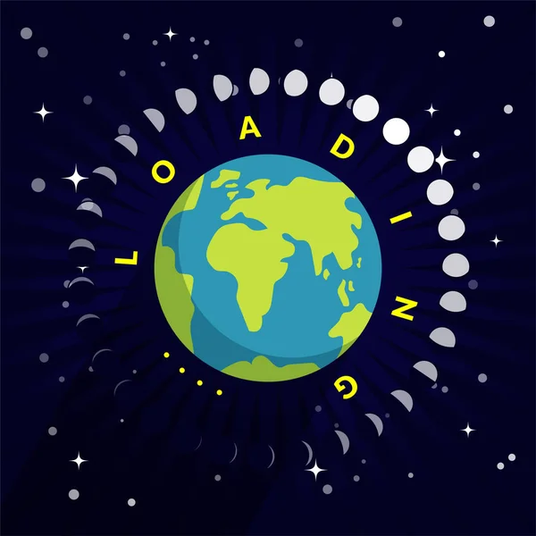 Dibujos animados estilo globo de la Tierra con la luna llena en forma de botón de carga en el espacio oscuro estrellado, ilustración vectorial en el tema de tiempo de espera — Archivo Imágenes Vectoriales