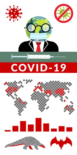 Κόβιντ-19. Εικονογράφηση διανυσματικών infographics των παγκόσμιων ειδήσεων για την πανδημία του Coronavirus με τον άνθρωπο κεφάλι σε σχήμα αιθ και το χάρτη της μολυσμένης περιοχής — Διανυσματικό Αρχείο
