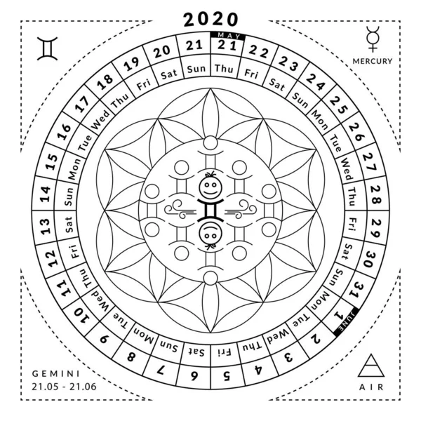 Gemini zvěrokruh omalovánky s kalendářem roku 2020 — Stockový vektor