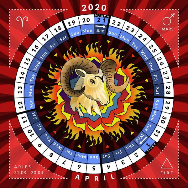 Círculo zodiacal de Áries caledar do ano 2020 com características —  Vetores de Stock