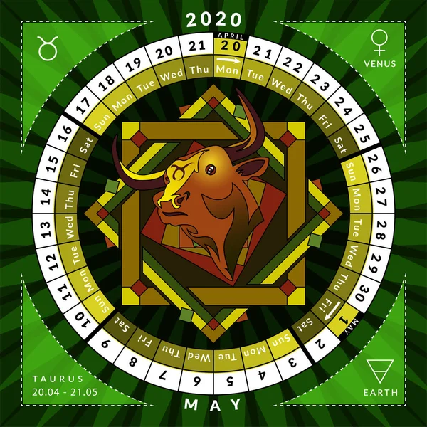Touro zodiacal círculo caledar do ano 2020 com características —  Vetores de Stock