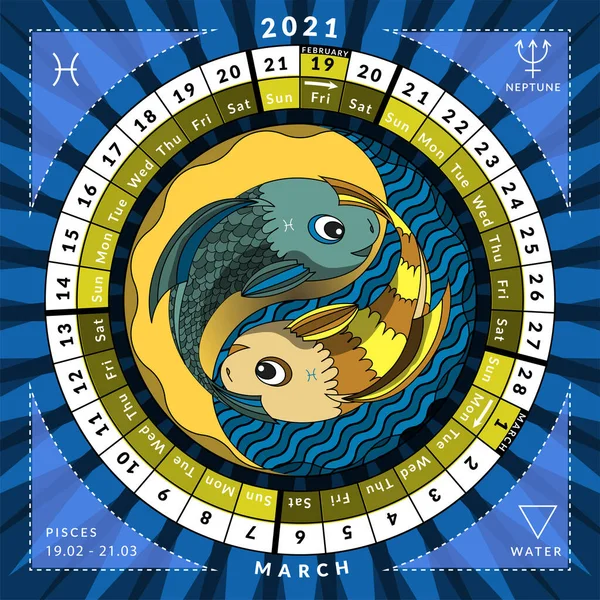 Peixes zodiacal círculo caledar do ano 2021 com características —  Vetores de Stock