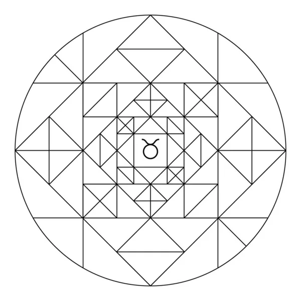 Coloring book of sacred geometry. Mandala of zodiac sign of Taurus — Stock Vector