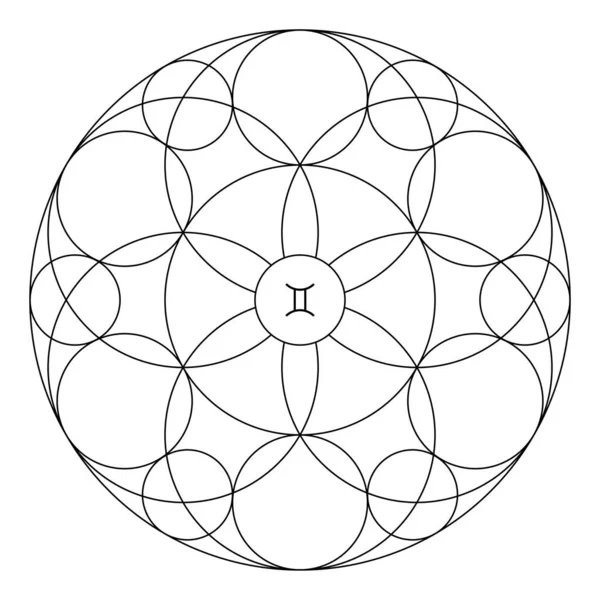 Libro para colorear de geometría sagrada. Mandala del signo del zodíaco de Géminis — Archivo Imágenes Vectoriales