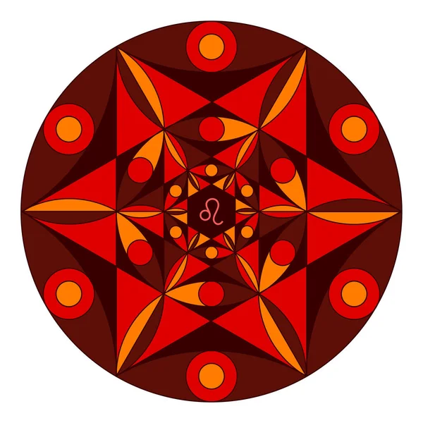 Gekleurd kleurboek van de Heilige Geometrie. Mandala van dierenriem teken van Leo — Stockvector
