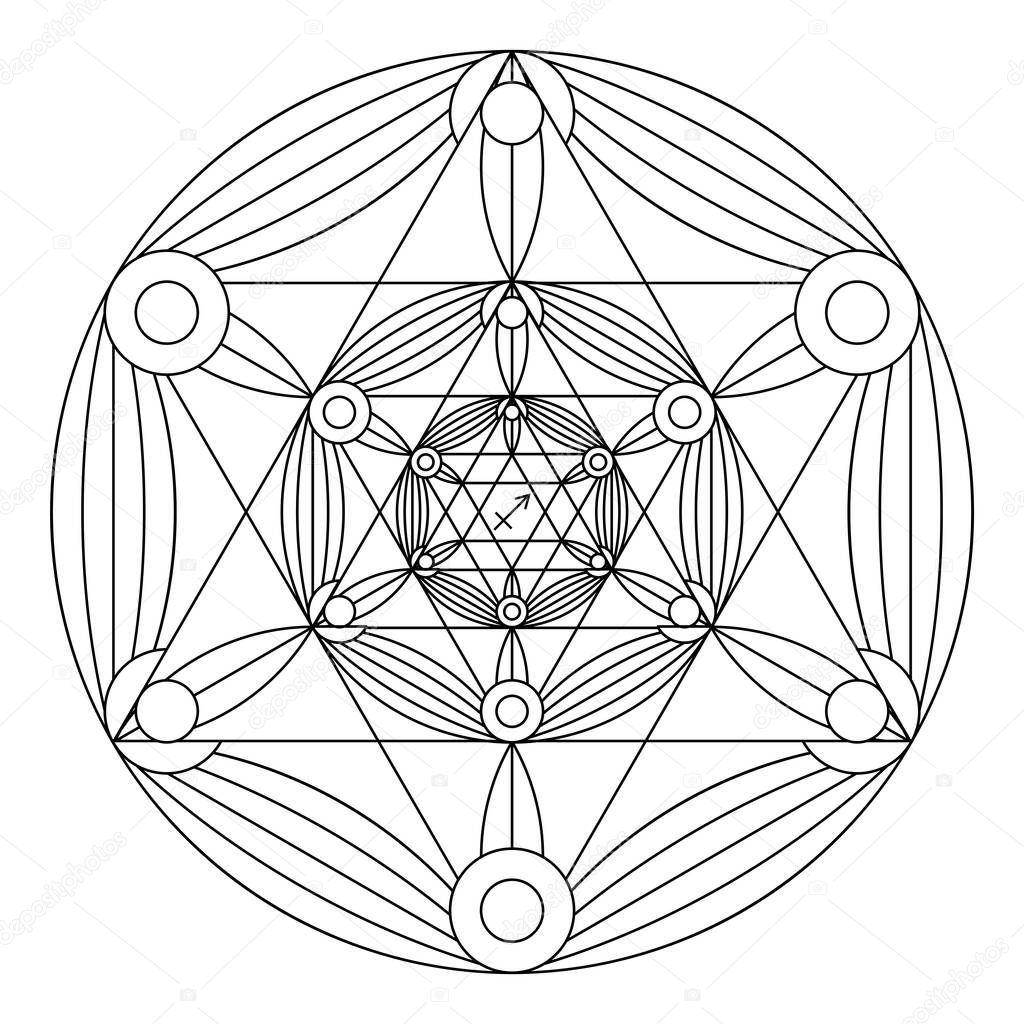 Coloring book of sacred geometry. Mandala of zodiac sign of Sagittarius