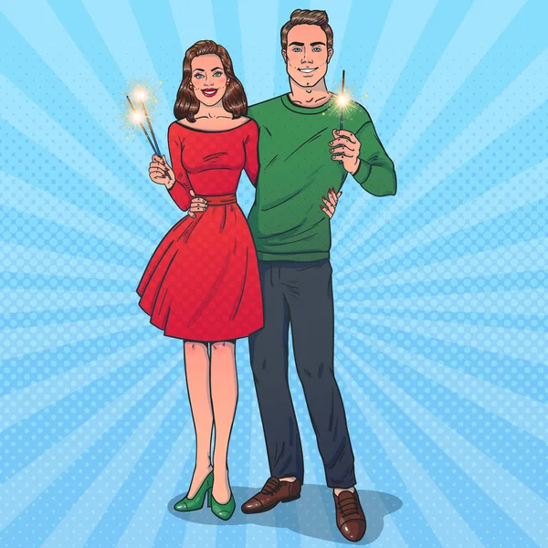 Man Woman Holding Hands Sparklers Couple Hugs Smiles Vector Illustration — Stock Vector