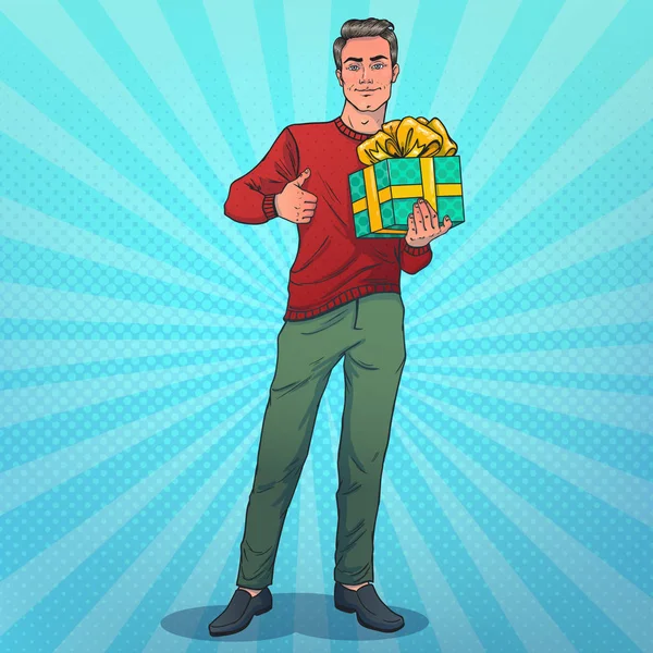 Smiling Man Holding Box Gift Hand Gestures Thumbs Vector Illustration Vector Graphics