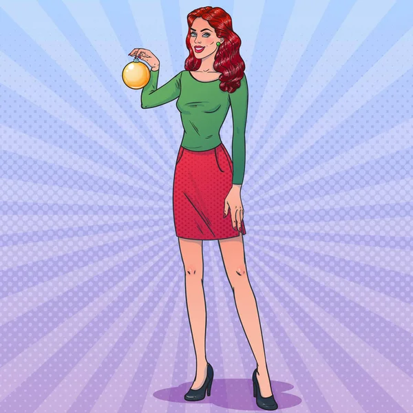 Noel ağacı oyuncak el tutan kadın. Tam yükseklikte. Vektör çizim pop sanat tarzı. Yeni yıl Tema.