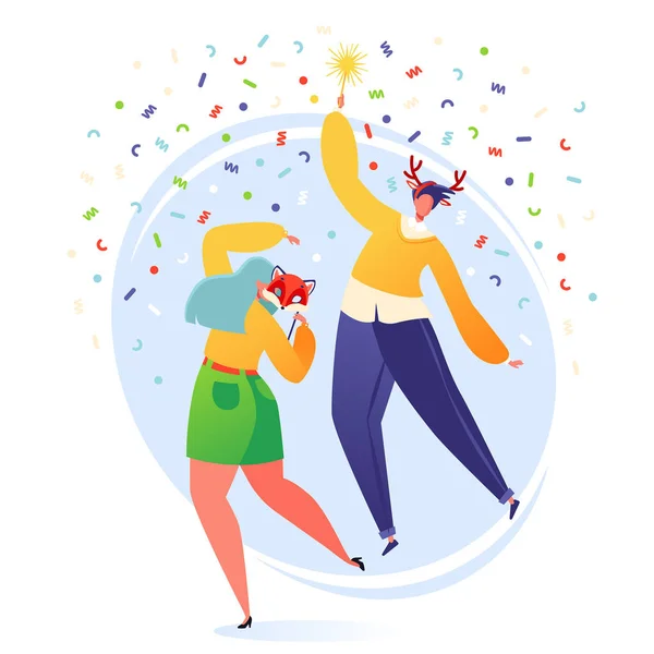 As pessoas dançando felizes celebram o Ano Novo ou o Natal com sparklers , —  Vetores de Stock