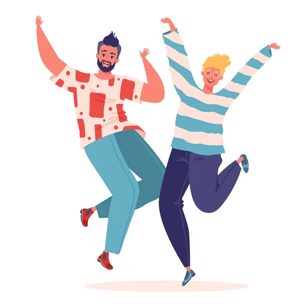 Two young people jumping and dancing on white background. — Stock Vector