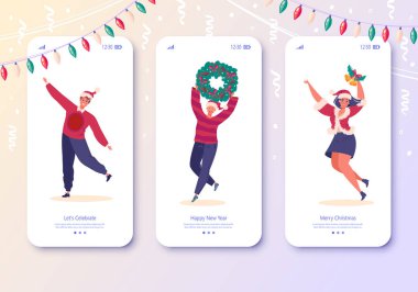 Mobil uygulama sayfası için yeni yıl partisi ve Noel kutlaması konsepti, ekran seti.