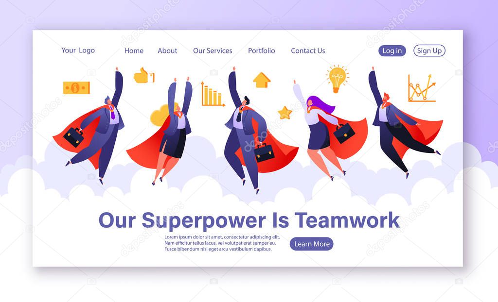 Website landing page template with flat cartoon flying business people, superheroes in red cloaks. 
