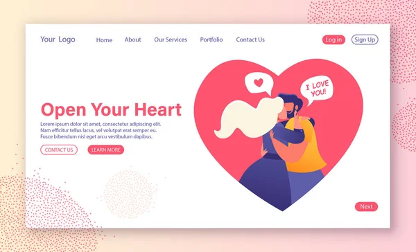 Cartoon flat vector illustration for landing page template. Love, romantic dating website. — 스톡 벡터