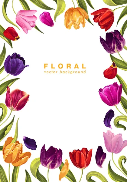 Colorful vertical backdrop with multi-colored tulip flowers, leaves and petals. — Stock Vector
