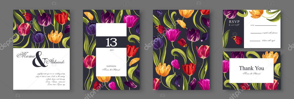 wedding invitation card template design, with multi-colored tulips flowers