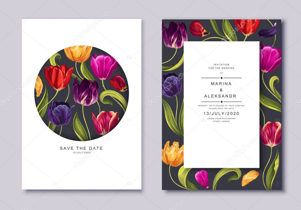 Wedding or party invitation template with tulips flowers leaves and petals. 