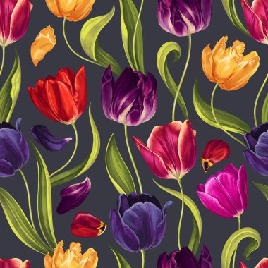 Seamless floral pattern with multi-colored tulip flowers