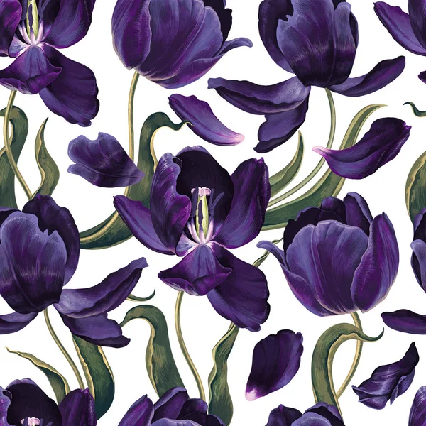 Spring blooming navy blue tulip flowers, leaves and flowers seamless pattern — Stok Vektör