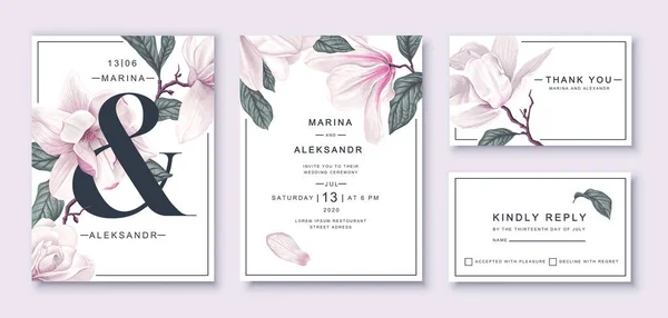 Botanical wedding card template design, λευκά λουλούδια μανόλια και φύλλα. — Διανυσματικό Αρχείο