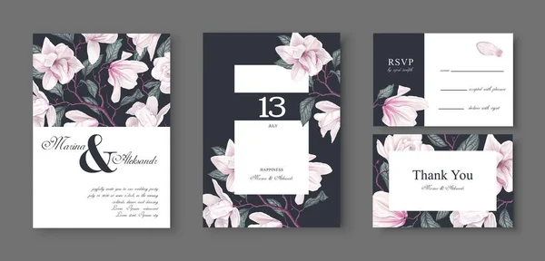 Tarjeta de primavera, moda, saludo o invitación, diseño de plantilla con flores blancas de magnolia — Vector de stock