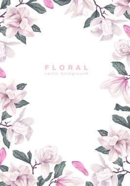 Beyaz manolya çiçekleri, yaprakları ve yaprakları ile bahar dikey arkaplanı.