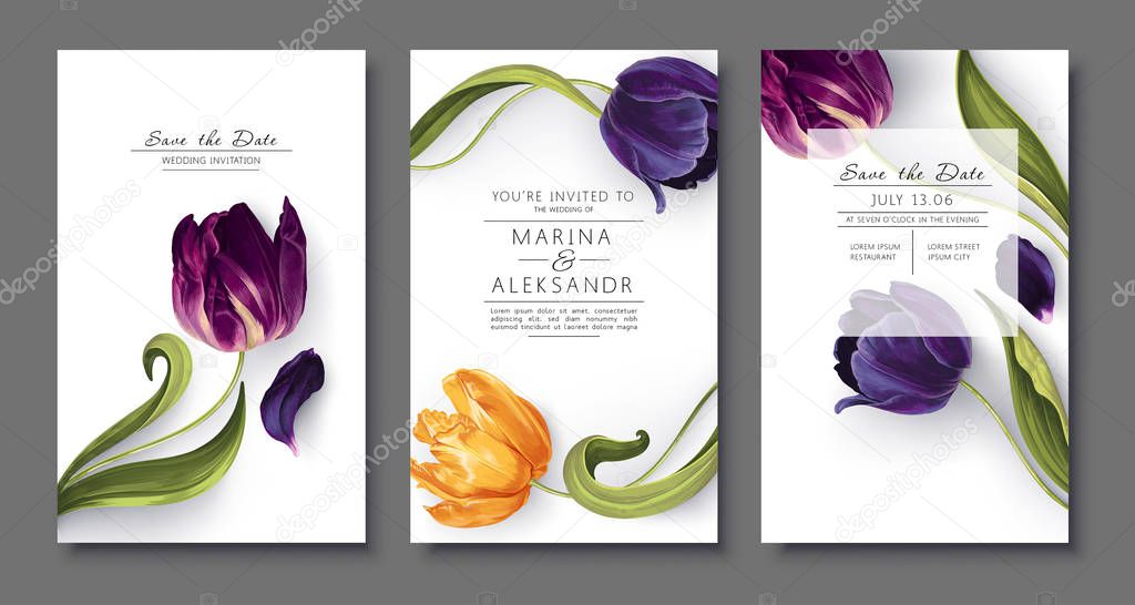 Spring, trendy, greeting or invitation card, template design with tulips flowers