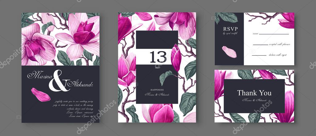 Wedding invitation card template design with pink magnolia flowers and leaves. Template design with highly detailed, vector, realistic, spring flowers. Collection of Save the Date and RSVP.