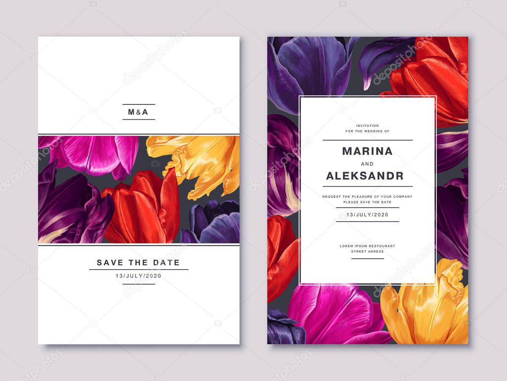 Spring, trendy, greeting or invitation card, template design with tulips flowers and petals in realistic style with high details. Vector set of Save The Date cards or poster template for sale banners.