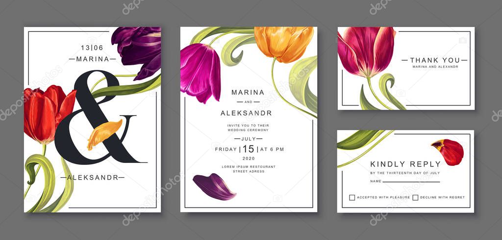 Spring, vector set of Save The Date cards or poster, template for sale banners. Greeting or invitation card design with tulips flowers, leaves and petals in realistic style with high details. 
