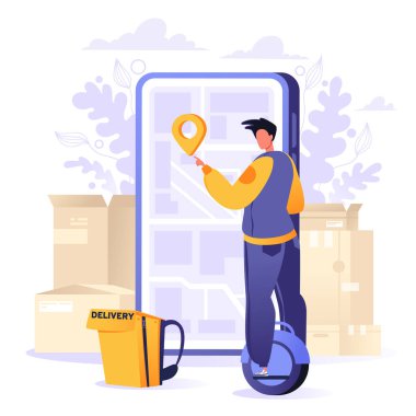 Çevrimiçi dağıtım hizmeti konsepti, çevrimiçi sipariş takibi, eve ve ofise teslimat. Genç kurye teslimat yerini haritada işaretledi. Düz çizgi film tarzındaki karakter cep telefonunun önünde duruyor.
