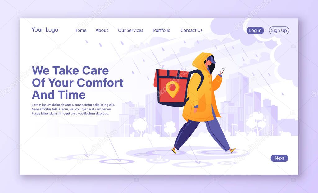 Delivery service concept for landing page. Man courier, contrary to weather conditions, delivers package to customer. Flat cartoon character in raincoat, special backpack guided by map in phone.