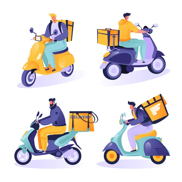 Set Characters Couriers Riding Scooters Fast Delivery Service Concept Flat — Stock Vector