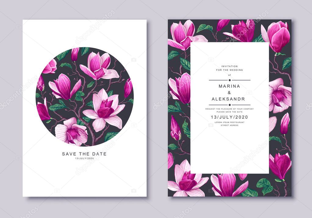Card template with pink magnolia flowers, leaves, branches and petals. Spring, botanical wedding invitation card. Realistic style highly detailed plants for posters, discount banners, flyers.