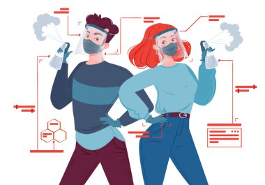 Bir çift genç, modern giyimli insan, kız ve erkek. Koruyucu unsurlar, yüz maskeleri, eldivenler ve kafalarında koruyucu kalkanlar vardı. Virüs koruması, karantina, koronavirüs önleme.