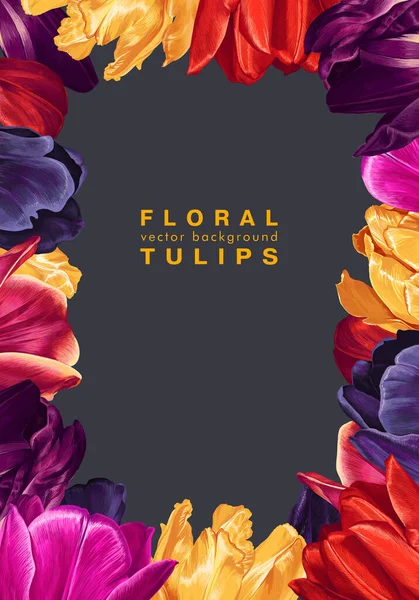Fondo Vertical Con Marco Flor Tulipán Multicolor Sobre Fondo Oscuro — Vector de stock
