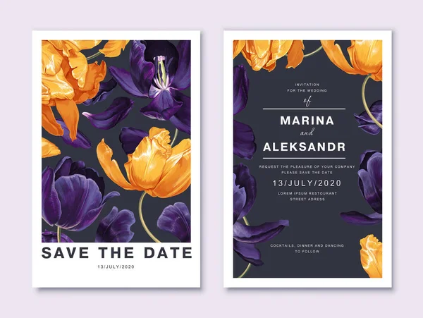 Plantilla Tarjeta Invitación Boda Floral Con Flores Tulipán Amarillo Azul — Vector de stock