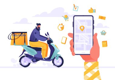 Hızlı dağıtım konsepti, mobil uygulamalarda paket takibi. Çizgi film düz tasarım tarzı. Genç adam, kurye bagajında sırt çantasıyla motosiklet sürüyor. Şehir haritası ile el 